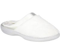 isotoner Pantuflas acolchadas de rizo y satén para mujer con espuma viscoelástica para interiores y exteriores, cómodas sandalias planas, Blanco, 7.5-8