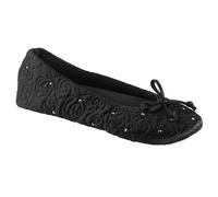 Isotoner Zapatillas de bailarina para mujer con bordado de diamantes de imitación y suela de gamuza genuina, Negro , 41/42 EU