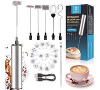 ISP-BEST Espumador de Leche Recargable USB-C, Pack Deluxe con 5 Cabezales Intercambiables y 16 Plantillas para Arte Latte, Batidor de Mano Profesional para Café, Matcha y Proteínas