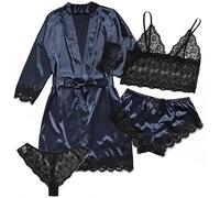 iSpchen Pijama largo de 4 piezas para mujer, conjunto de pijamas sexy, ropa interior de encaje, pantalones cortos, camisón para primavera, verano, otoño, bata suave, pantalones cortos, azul marino, XS