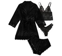 iSpchen Pijama largo de 4 piezas para mujer, conjunto de pijamas sexy, ropa interior de encaje, pantalones cortos, camisón para primavera, verano, otoño, bata suave, pantalones cortos, Negro , S