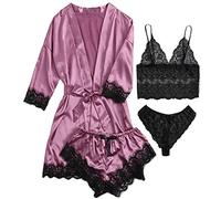 iSpchen Pijama largo de 4 piezas para mujer, conjunto de pijamas sexy, ropa interior de encaje, pantalones cortos, camisón para primavera, verano, otoño, bata suave, pantalones cortos, morado, XXL