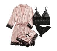 iSpchen Pijama largo de 4 piezas para mujer, conjunto de pijamas sexy, ropa interior de encaje, pantalones cortos, camisón para primavera, verano, otoño, bata suave, pantalones cortos, Rosa., XS
