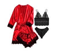 iSpchen Pijama largo de 4 piezas para mujer, conjunto de pijamas sexy, ropa interior de encaje, pantalones cortos, camisón para primavera, verano, otoño, bata suave, pantalones cortos, rojo, S
