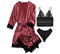 iSpchen Pijama largo de 4 piezas para mujer, conjunto de pijamas sexy, ropa interior de encaje, pantalones cortos, camisón para primavera, verano, otoño, bata suave, pantalones cortos, borgoña, S