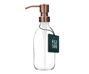 ispensador de Botella con Bomba de Vidrio Transparente Kuishi [250 ml, Bomba de Bronce] Botella dispensadora de jabón de Vidrio ámbar Recargable con Bomba de Acero Inoxidable, ecológica (sin BPA)