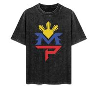 ISPIRIT Retro Washed Shirt Men's Unisex Moslad Klosy Manny Pacquiao Logo Round Neck Antique Wash T-Shirt Short Sleeve Black M