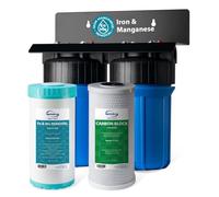 iSpring WGB21BM Filtración de Agua para Toda la Casa de 2 Etapas, Filtro Agua Entrada General, Bloque de Carbón de 10" x 4.5" y Filtros Reductores de Hierro y Manganeso, Puertos de 1"