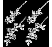 Isslly 4 pinzas para el pelo con diamantes de imitación plateados, horquillas de cristal para novia, 2 estilos, horquillas francesas de aleación en forma de hoja para mujeres, niñas, para bodas,