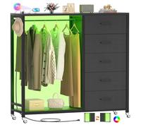 iSunirm Armario de 5 Cajones, Cómoda para Dormitorio con Perchero, Cómoda 2 en 1 para Dormitorio con Luces LED y Estación de Carga,Negro