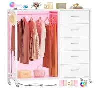 iSunirm Armario de 5 Cajones, Cómoda para Dormitorio con Perchero, Cómoda 2 en 1 para Dormitorio con Luces LED y Estación de Carga,Blanco