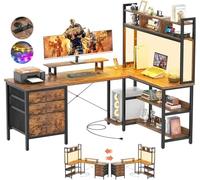 iSunirm Escritorio Forma de L con Armario, 150x90 cm Escritorio de Juego de Esquina con Luces LED, Escritorio de computadora Reversible con Toma de Corriente, marrón