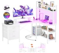 iSunirm Escritorio Forma de L con gabinete, Escritorio de Juego de Esquina de 150 x 90 cm con Luces LED, Escritorio de computadora Reversible con Toma de Corriente y cajón para Archivos, Blanco