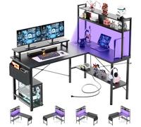 iSunirm Escritorio Gaming con LED,125x90 cm Escritorio en L con Enchufes y Puerto de Carga USB,Mesa para Ordenador con Estante para Monitor para Oficina en Casa,Negro