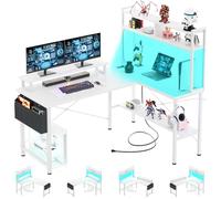 iSunirm Escritorio Gaming con LED,125x90 cm Escritorio en L con Enchufes y Puerto de Carga USB,Mesa para Ordenador con Estante para Monitor para Oficina en Casa,Blanco