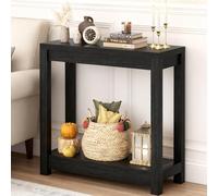iSunirm Mesa Consola Negra de 80 cm, Mueble Recibidor Estrecho de Estilo Moderno, Mesa Auxiliar de 2 Niveles para Entrada y Pasillo, Consola de Madera para Detrás del Sofá o Salón, Montaje Fácil