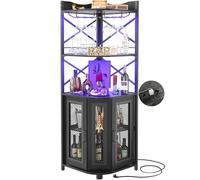 iSunirm Mobile Bar angolare Presa di corrente, Stile industriale Armario de Vino con striscia LED e portabicchieri, Mobile per liquori a 5 ripiani per la casa, Negro