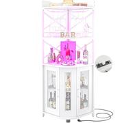 iSunirm Mobile Bar angolare Presa di corrente, Stile industriale Armario de Vino con striscia LED e portabicchieri, Mobile per liquori a 5 ripiani per la casa, Blanca