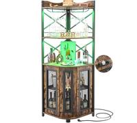 iSunirm Mobile Bar angolare Presa di corrente, Stile industriale Armario de Vino con striscia LED e portabicchieri, Mobile per liquori a 5 ripiani per la casa, Color marrón