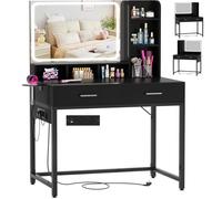 iSunirm Tocador de Maquillaje con Espejo y LED Luz Regulable,Vanity de Maquillaje con 2 Cajones y 6 Estantes para Dormitorio,Mesa de Maquillaje Moderno para Dormitorio,Negro