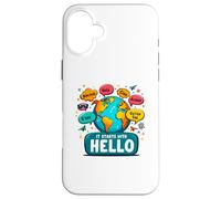 It Starts with Hello Friendship Inclusion Language Teacher Carcasa para iPhone 16 Plus