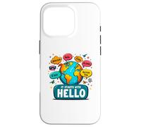 It Starts with Hello Friendship Inclusion Language Teacher Carcasa para iPhone 16 Pro