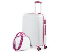 ITACA - Maleta Mediana rígida con 4 Ruedas giratorias, Cierre Seguro Candado de Combinación y diseño Resistente, Apta para 23 Kilos Viajes Largos y escapadas. con Necese, Blanco-Fucsia