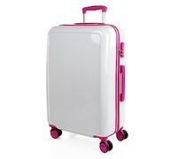 ITACA - Maleta Mediana rígida con 4 Ruedas giratorias, Cierre Seguro Candado de Combinación y diseño Resistente, Apta para 23 Kilos Viajes Largos y escapadas., Blanco-Fucsia