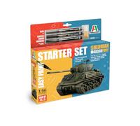Italeri 75001 Linea Starter Set - Easy Paint: M4A3E8 Sherman Fury, escala 1:56, Plastic Model Kit/Modelo de plástico para montar, incluye pegamento y 3 rotuladores acrílicos para la pintura