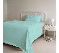 Italian Bed Linen Juego de sábanas Natural Color Plana 150x300, Hoja instalada 90x200cm+Funda 52x82cm, Petroleo/Verde Botella, AVIO/HUMO, singolo