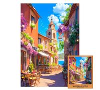 Italian Coastal Puzzle | Colorful Wooden Jigsaw of Sunny Café Street by The Sea | Mediterranean Puzzle Gift | Blooming Summer Art | 1000 (M-100PIECES)