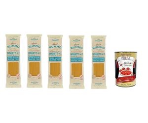 Italian Gourmet Bundle - Pasta italiana para espaguetis sin gluten (5 × 400 g) + Polpa italiana italiana de alta calidad de arroz integral y maíz, dibujo de bronce, textura de cocción ideal