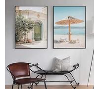 Italian Village Amalfi Coast Photography Poster Rattan Beach Umbrella Canvas Painting Print Living Room Home Decor(40x60cm/2PCS Frameless)