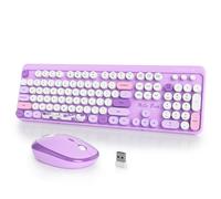 iTastatur Combo de teclado inalámbrico y mouse para máquina de escribir, teclado punk retro de 2.4 G, 104 teclas, tamaño completo, bonito teclado morado con teclas redondas para computadoras