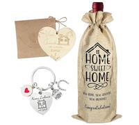 Itharon Regalo para Inauguración de Casa - Set de Bienvenida al Nuevo Hogar con Bolsa para Vino, Llavero Corazón, sobre y Etiqueta para Fiestas de Inauguración, Mudanza, Final de Obra (35x15cm)