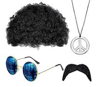 Itian 4 Piezas Conjunto de Disfraces de Hippie, Accesorios Hippie Hombre, Accesorios de Vestir Retro Hippie, Peluca Afro, Gafas de Sol, Collar de Signo de Paz, Bigote, para Fiestas Temáticas Hippie