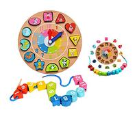 Itian Forma de Reloj de Madera de Clasificación + Hilo de Las Cuentas de Madera, los Patrones Digitales y Animales, Apropiado para los Niños