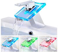 Itian LED Grifo de la Cascada de Cobre Lleno Llevó el Grifo, la Temperatura de Color de Cristal Iluminada Grifo del Lavabo