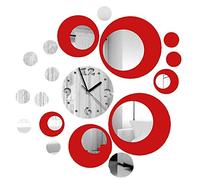 Itian Reloj de Pared de Metal con la Decoración Efecto de Espejo Moderno Etiqueta de la Pared de Diseño para Sala de Estar/Dormitorio, etc (Plata y Rojo)
