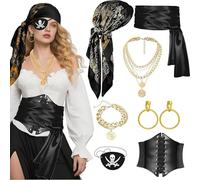 ITJMRJP Accesorios de Disfraz Pirata para Mujer 8 Piezas Accesorios Pirata Mujer Complementos Piratas Con Pañuelo Piratas Parche Aretes Corsé Cinturó para Halloween Carnaval Cosplay(Negro)