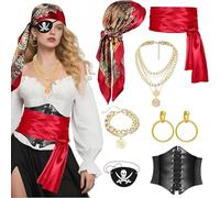 ITJMRJP Accesorios de Disfraz Pirata para Mujer 8 Piezas Accesorios Pirata Mujer Complementos Piratas Con Pañuelo Piratas Parche Aretes Corsé Cinturó para Halloween Carnaval Cosplay(Rojo)