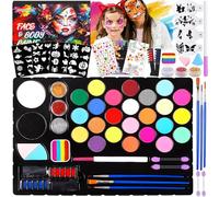 ITMNMNL Kit de maquillaje para niños, 33 colores, juego de maquillaje hipoalergénico, no tóxico, con 3 pinceles, 44 plantillas, plantillas de diamante, pintura corporal de colores para Halloween, para