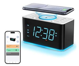 iTOMA Radio Despertador con Cargador inalámbrico de 15w, App Control, FM Radio, Bluetooth, Dos Puertos de Carga, Despertador Doble, cronómetro de sueño, Snooze, dimmer, luz Nocturna 207A