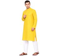 ITOS365 Conjunto de pijama Kurta de algodón liso para hombre, ajuste regular, ropa étnica, kurta y pijama, atuendo festivo, casual y tradicional (gris carbón) XL, amarillo mostaza, L