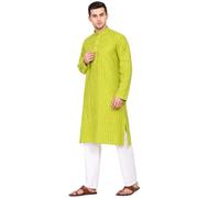 ITOS365 Conjunto de pijama Kurta de algodón liso para hombre, ajuste regular, ropa étnica, kurta y pijama, atuendo festivo, casual y tradicional (gris carbón) XL, Verde lima claro, XL