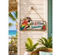 It's 5 O'Clock Somewhere Parrot Wall Art - Tropical Patio wall-deco Hanging Sign with Rope, Colorful Rustic Beach Bar Decor for Porch, Tiki Hut, Pool Area, Kitchen and Man Cave