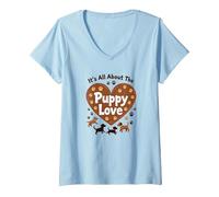It's All About The Puppy Love - Adorable Amante de los Perros Camiseta Cuello V, Mujer, Azul Bebé, M