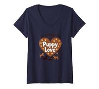 It's All About The Puppy Love - Adorable Amante de los Perros Camiseta Cuello V, Mujer, Azul Marino, M