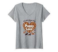 It's All About The Puppy Love - Adorable Amante de los Perros Camiseta Cuello V, Mujer, Gris Jaspeado, M