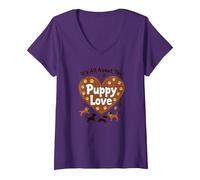 It's All About The Puppy Love - Adorable Amante de los Perros Camiseta Cuello V, Mujer, Morado, M